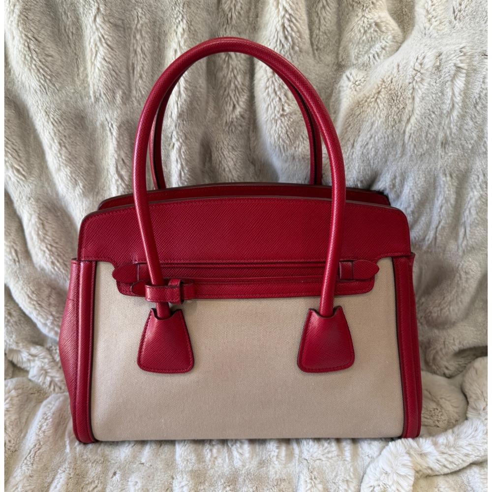 Prada Milano Red Saffiano Leather and Beige Canvas Tote Bag Handbag - Picture 3 of 15